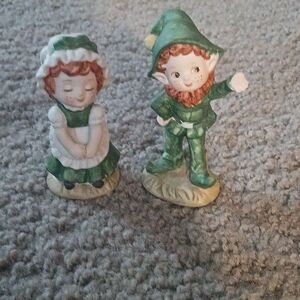 Lefton vintage leprechaun pixie boy and girl St Patricks Day Irish Figurine Set